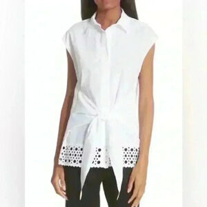 SANDRO Eyelet Trim Tie Front Cotton White Blouse In‎ Ecru